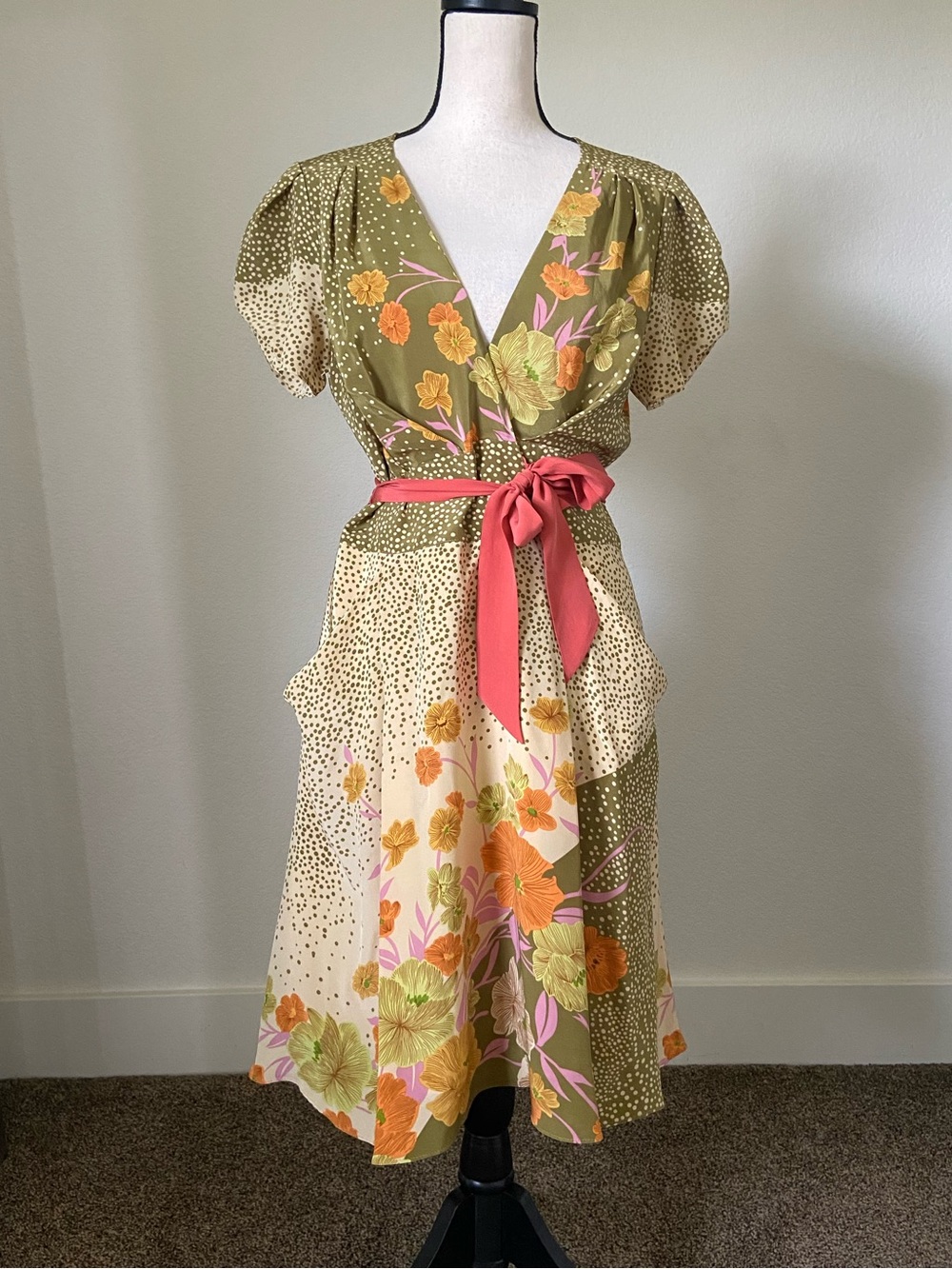Yoana Baraschi Silk Green Floral Midi Dress with Wrap Sash Medium